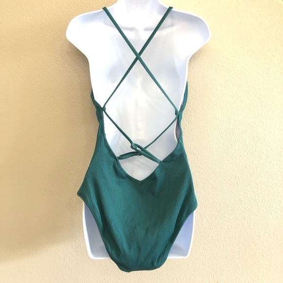 Cupshe Women's Green Plunge V Neck Lace-Up Ribbed One Piece Swimsuit Size L - Picture 4 of 9